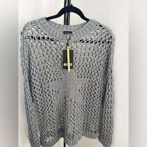 Minga London Open Knit Sweater XS | Gray Fishnet Oversized Pullover